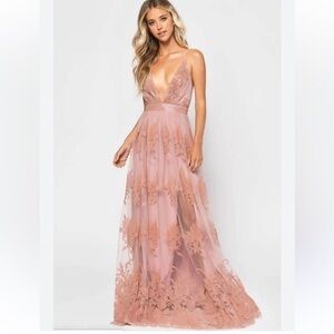 Chelsea Long Formal Blush Nude Tulle Floral Print Gown Dress Size Large
